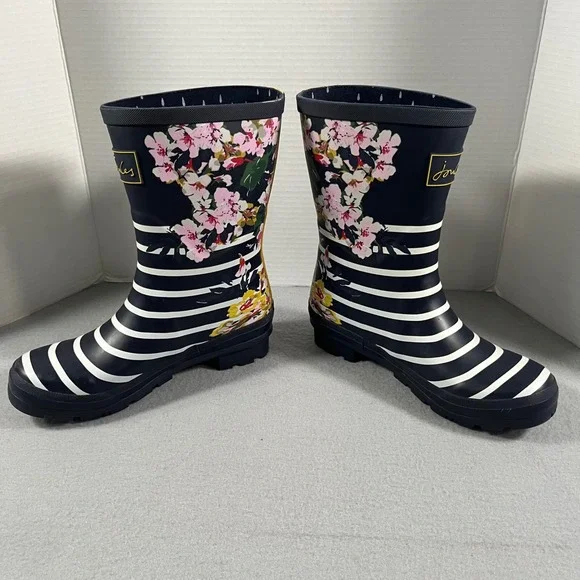 Joules Molly Welly Rain Boots Navy White Stripe Floral Buckle Women US 7 EU 38 - Picture 3 of 12